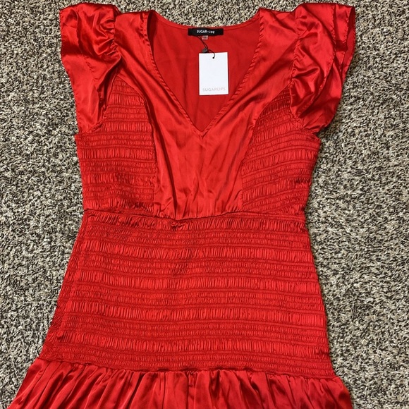 🆕 Sugarlips Red Satin Smocked Ruffle Dress - Picture 4 of 7